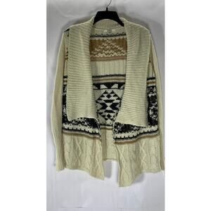 BB DAKOTA Women's Beige Cable Knit Tribal Print Open-Front Cardigan SZ XS